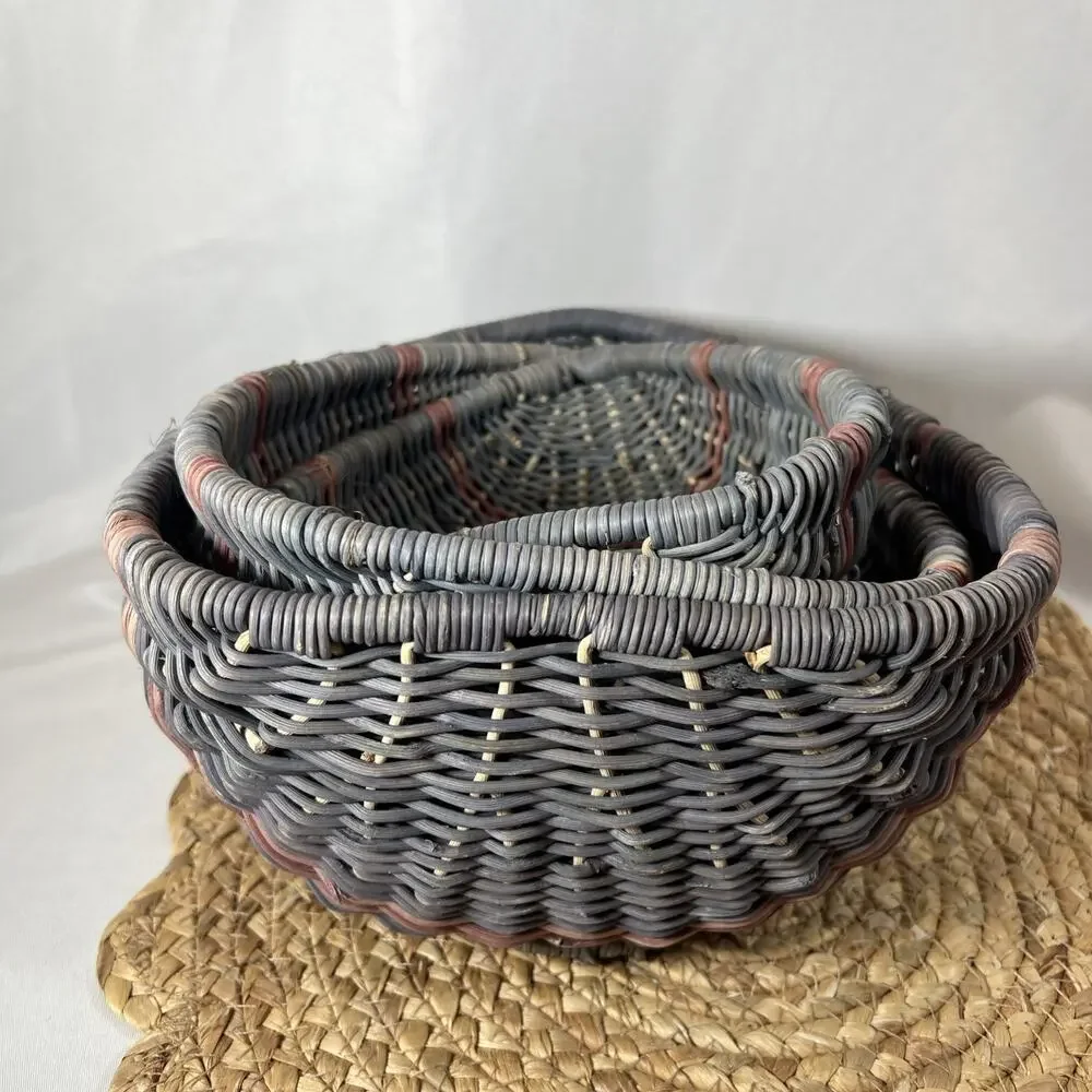 Vintage 80s Heart Wicker Nesting Baskets Set 3 Country Blue Mauve Cottage Decor